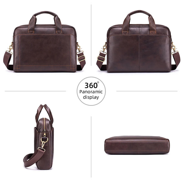 Mallette en cuir véritable pour homme marron foncé, vue sous plusieurs angles et gros plan.