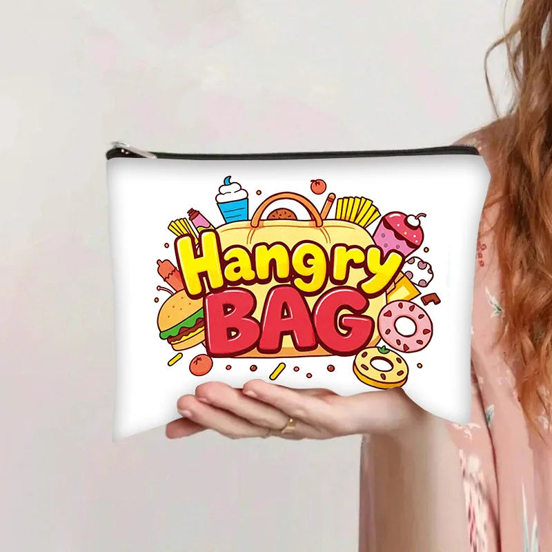 Bolsa de almacenamiento cosmético blanca con ilustración colorida de comida rápida como una hamburguesa y helado.
