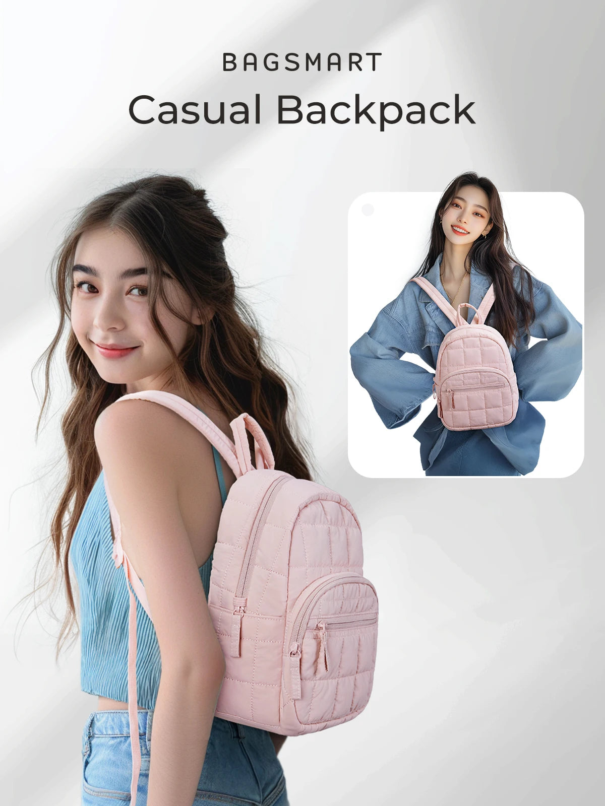 A young woman is holding a pink quilted backpack in a light blue shirt, demonstrating the casual backpack style.