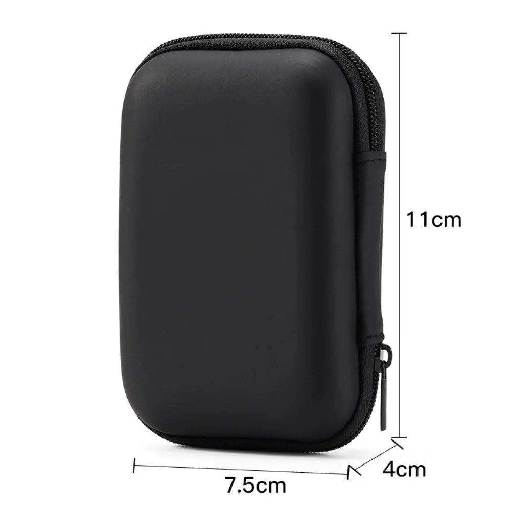 Black durable PU hard case for portable SSDs shown from the side with dimensions.