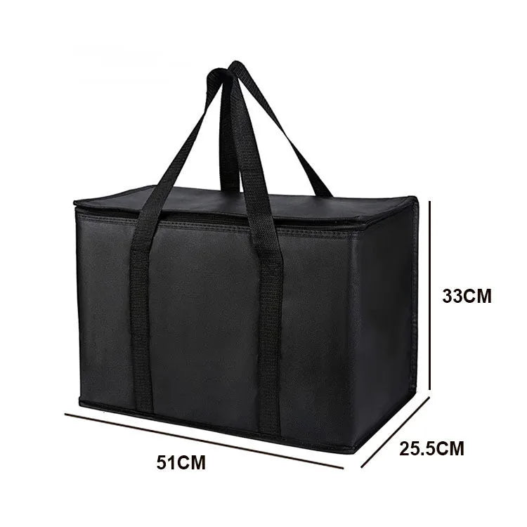 Black extra-large foldable insulated food bag with handles, shown in a side view.