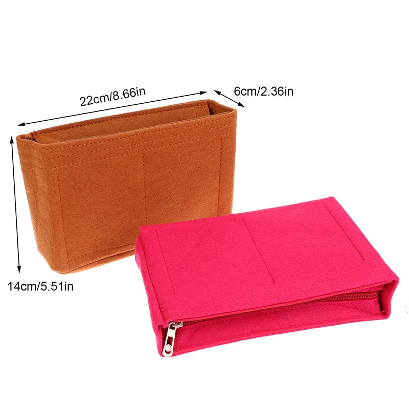 A felt cosmetic bag insert organizer shown in orange and pink colors with dimensions provided.