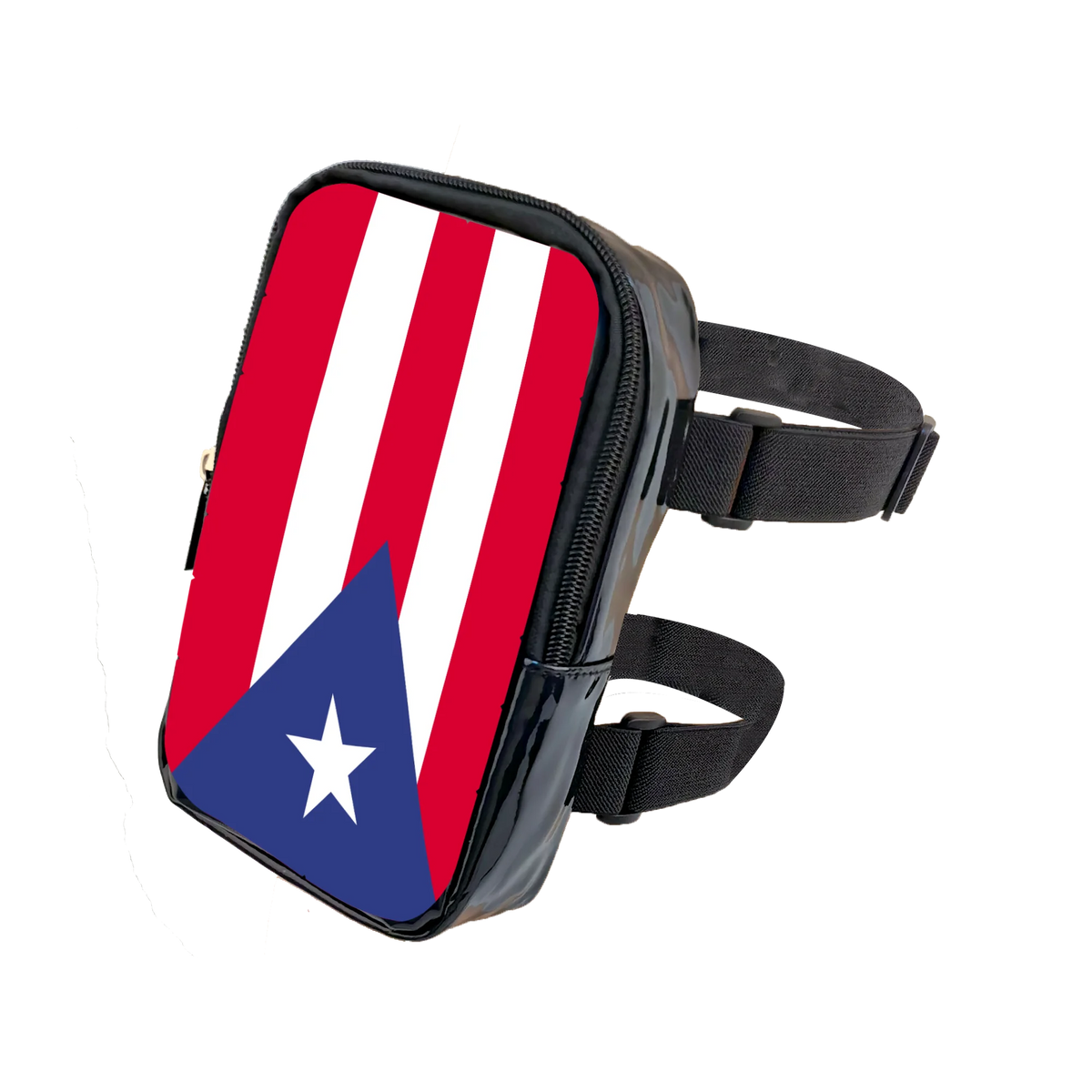 A black adjustable PU waist pouch featuring the red, white, and blue design of the Mexican flag.