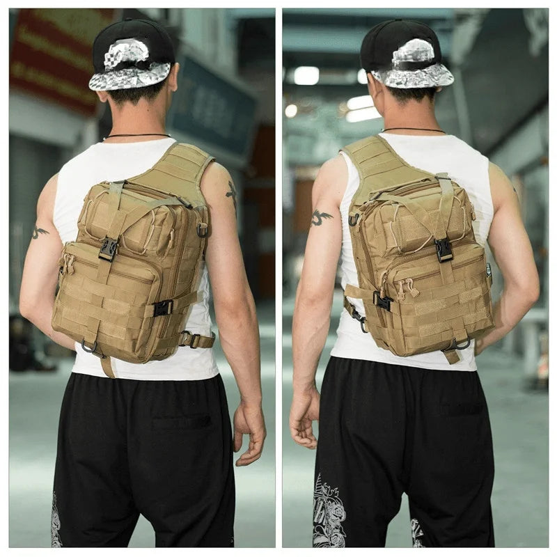 A person wearing a beige sling backpack is shown from the back, standing indoors.