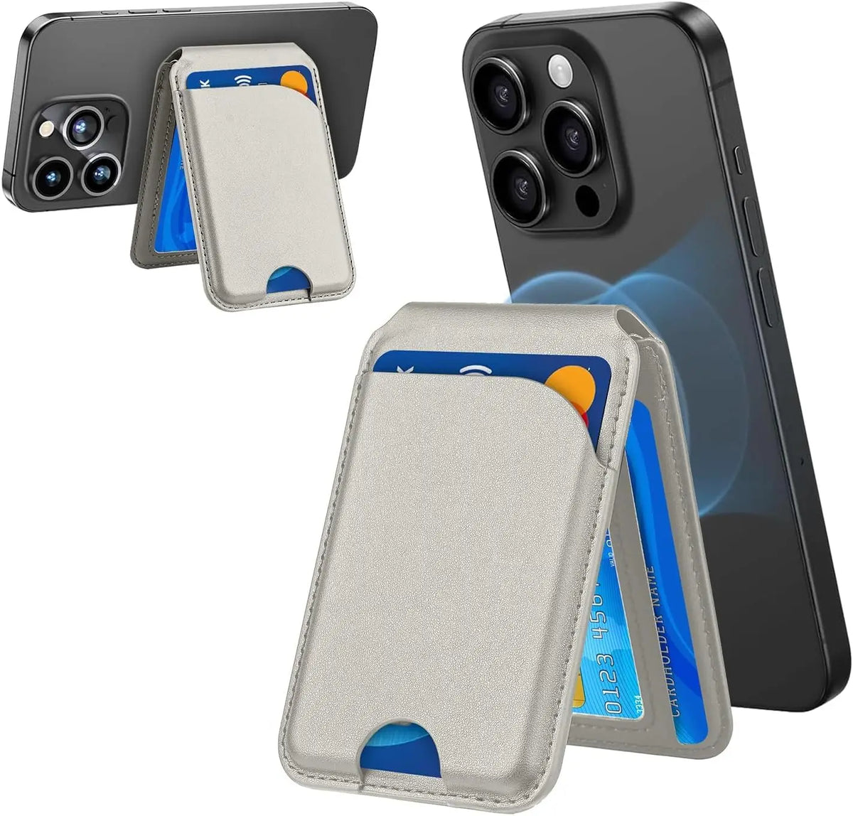 Portefeuille magnétique beige et support de téléphone à côté d'un iPhone noir.