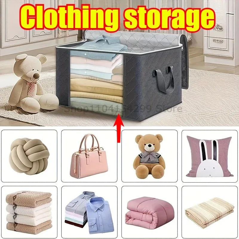 A collection of foldable storage bags and fabric items for clothing and bedding, including stuffed animals and folded textile