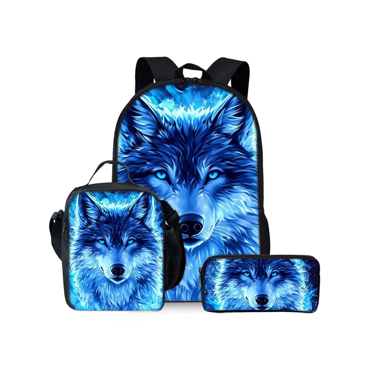 A set of three blue wolf cartoon accessories including a backpack, lunch bag, and pencil case.