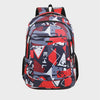 A versatile unisex backpack featuring a camouflage pattern of red, gray, and navy blue geometric shapes.