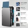 A slim minimalist wallet with a protective cover showing features like a wallet chamber, money clip, RFID blocking, and quick