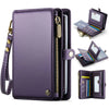 Cartera de pasaporte de cuero morado con correa dorada y múltiples ranuras para tarjetas.