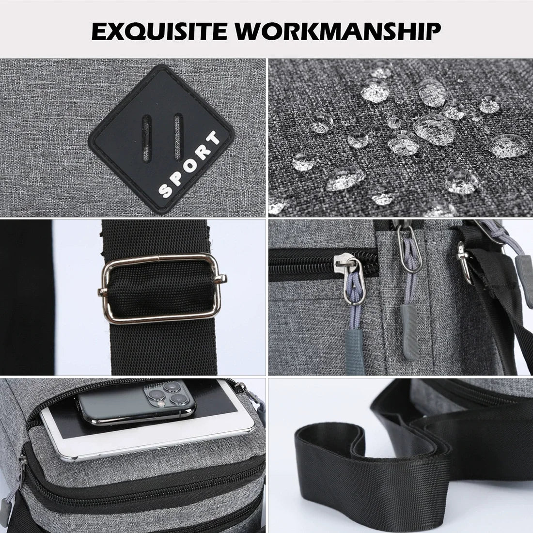 A collection of black and gray men's lightweight crossbody sling bags featuring various textures and hardware.