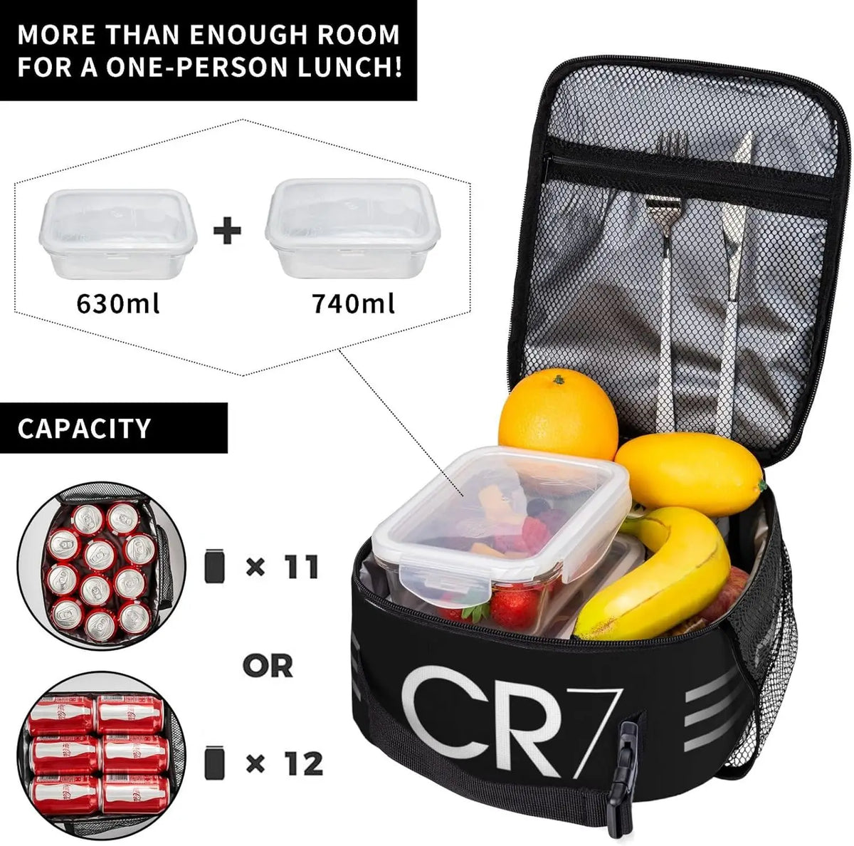 Schwarze wiederverwendbare Stoff-Lunchtasche mit Fächern und Obst für ein Mittagessen für eine Person