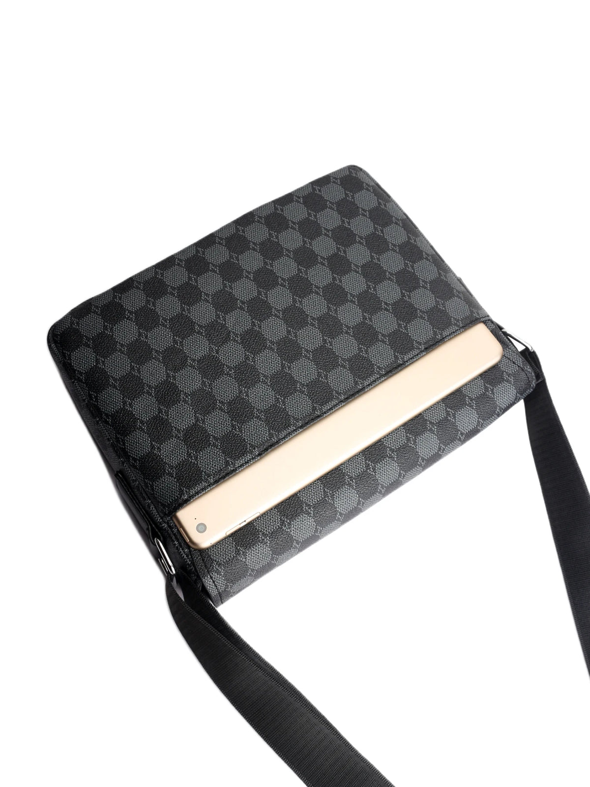 A black plaid crossbody shoulder bag with a light beige interior and a black strap.