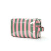 Sac de rangement cosmétique à rayures verticales rose et vert.