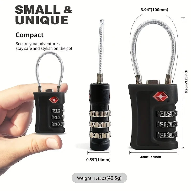 A black TSA compatible 3-digit travel lock is shown next to a hand, demonstrating its compact size and security features.