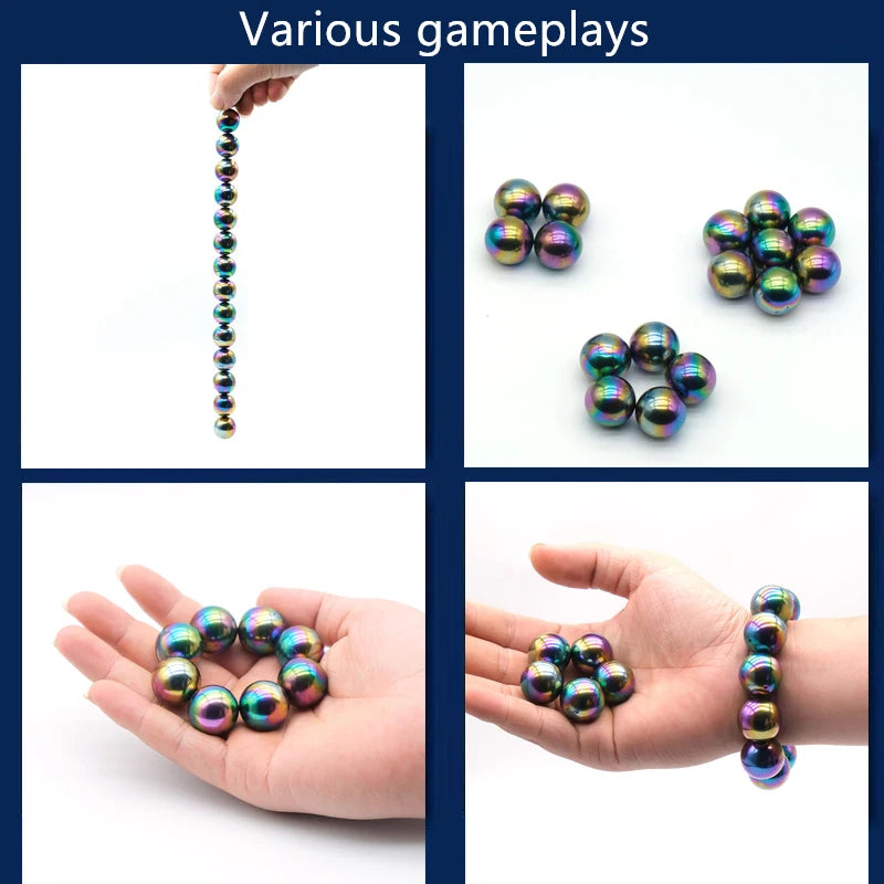 Verschiedene Gameplay-Aufnahmen farbenfroher Polier-Kühlschrankmagneten als Stressabbau-Armbänder.