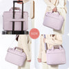 A light purple premium laptop sleeve shown in various angles being carried by a person.