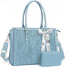 Light blue vintage PU leather laptop tote bag with a floral pattern and a matching scarf and clutch.