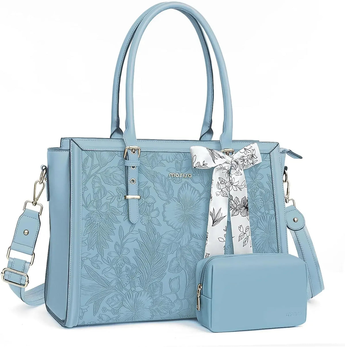 Light blue vintage PU leather laptop tote bag with a floral pattern and a matching scarf and clutch.