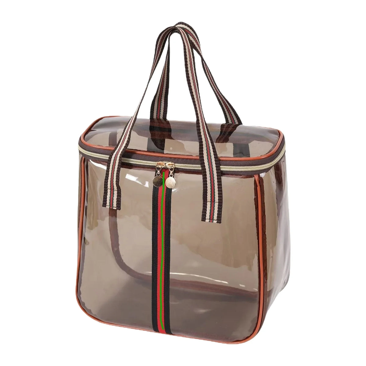 A clear waterproof travel toiletry bag with brown and black striped accents.