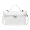 A white minimalist pebbled leather box crossbody bag with silver hardware and a white strap.