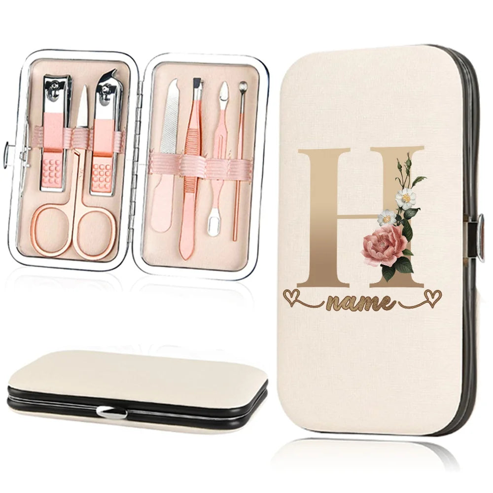 A beige cosmetic kit featuring a stainless steel nail clipper set and a large matching cosmetic case.