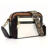 A brown and white PU leather crossbody bag with a black strap and gold hardware.