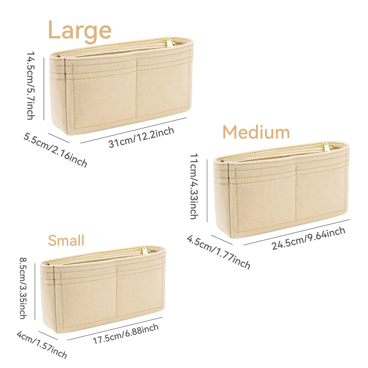 Three sizes of felt purse organizer inserts labeled Large, Medium, and Small showing dimensions.