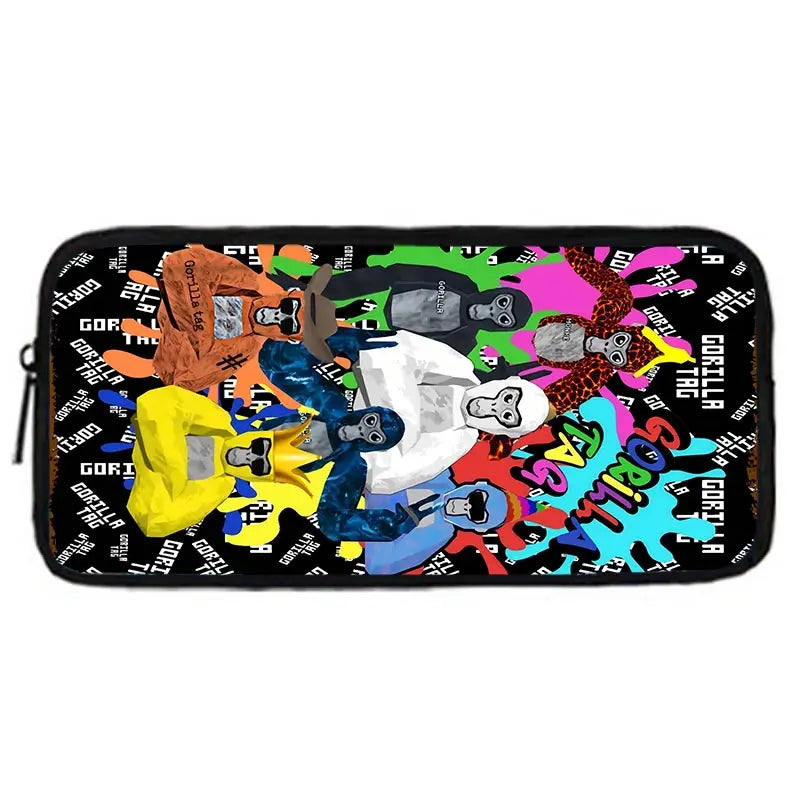 Pochette noire à fermeture éclair avec des graphismes de gorille cartoon colorés et du texte.