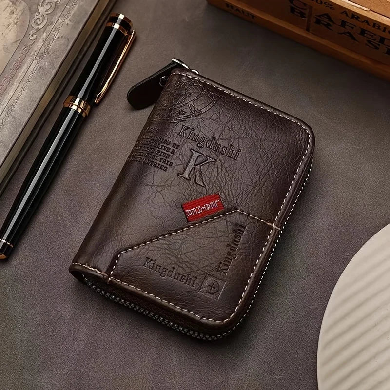 A dark brown vintage PU leather slim wallet with a leather cover and a metal clip resting on a gray surface.