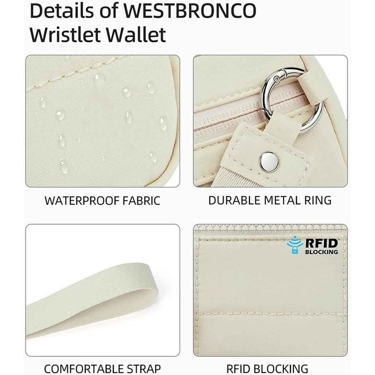 Detalles de una billetera para la muñeca Westbronco beige con tela impermeable, anillo metálico duradero, correa cómoda y blo