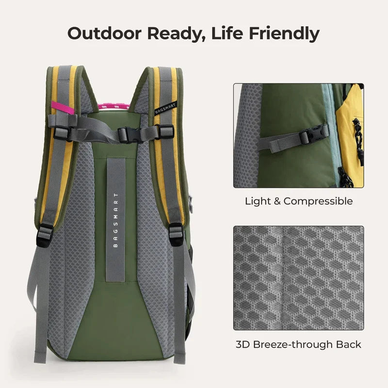 A green and gray laptop backpack with yellow accents, designed to be outdoor ready and life friendly.