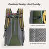 A green and gray laptop backpack with yellow accents, designed to be outdoor ready and life friendly.