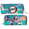 A teal and purple Demon Slayer themed PU leather pencil case with a zipper, featuring anime characters.