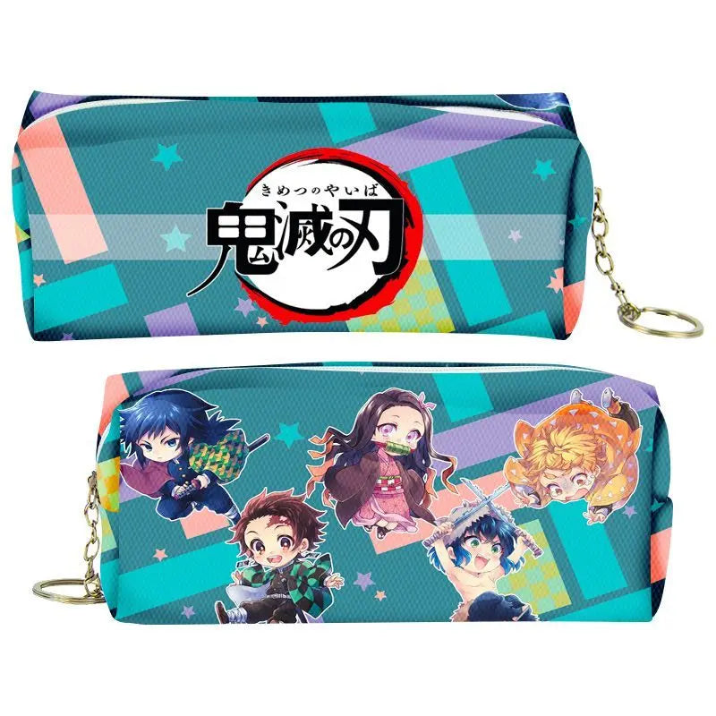 A teal and purple Demon Slayer themed PU leather pencil case with a zipper, featuring anime characters.