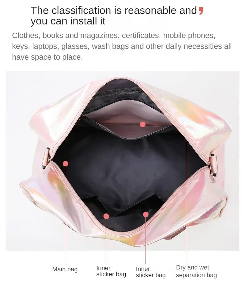 Pink iridescent nylon travel bag showing interior compartments for various daily necessities