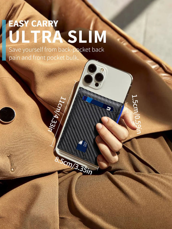 A hand holds an Ultra Slim phone case featuring a carbon fiber back and blue ID window, placed against a brown jacket.