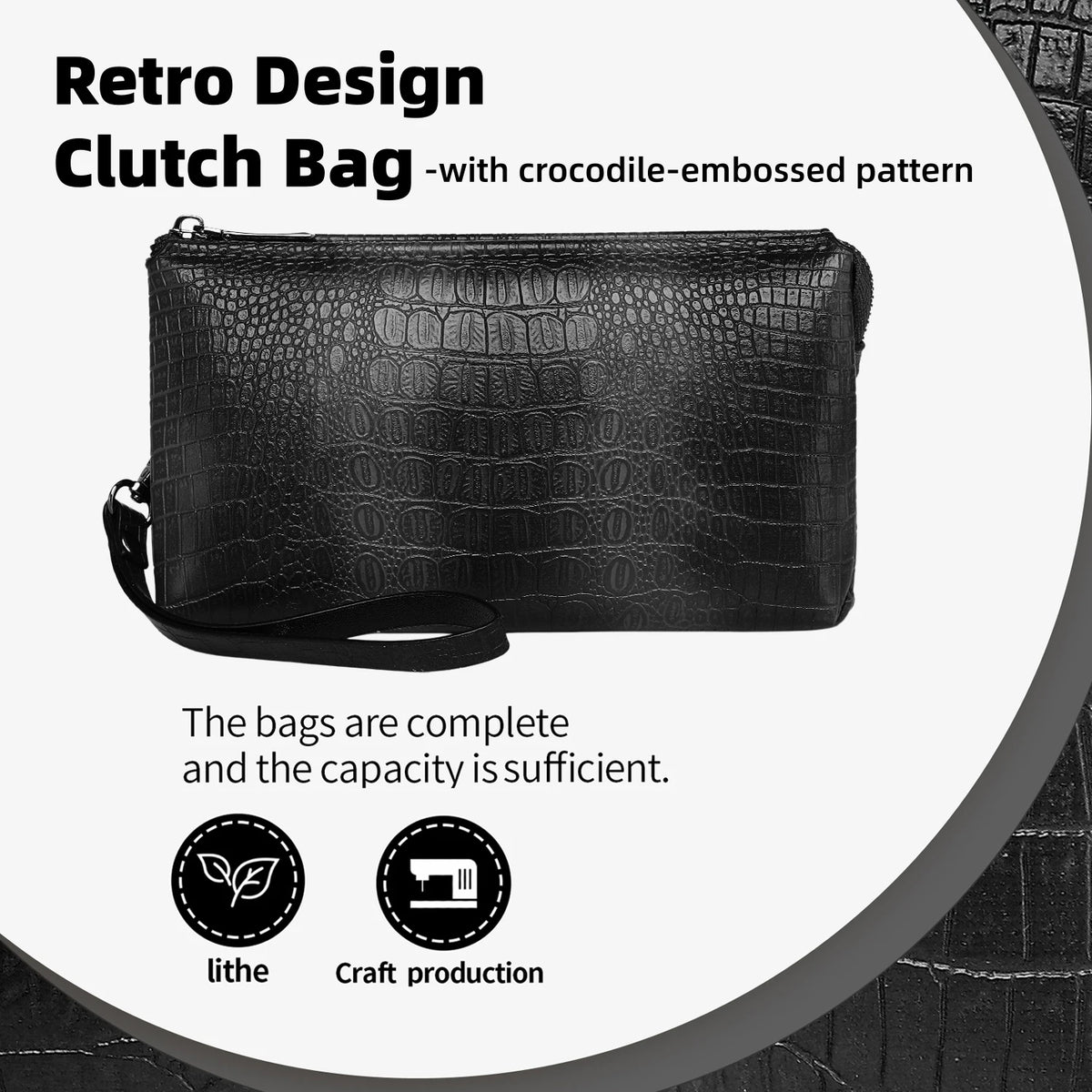 Clutch retro de cocodrilo, con diseño repujado y correa de cuero.
