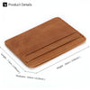 A brown genuine leather card holder shown from above, detailing its length, height, and thickness.