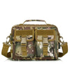 A tan tactical multifunction fanny pack with camouflage pattern and multiple compartments.