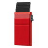 A red slim metal pop-up card holder wallet with a black card slot.