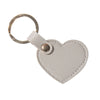 A small, light gray leather heart-shaped keychain with a metal ring and clasp.