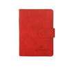 A red leather passport organizer with a flap closure and card slots.
