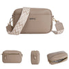 A beige leather zipper shoulder bag with a chevron patterned strap and gold hardware.