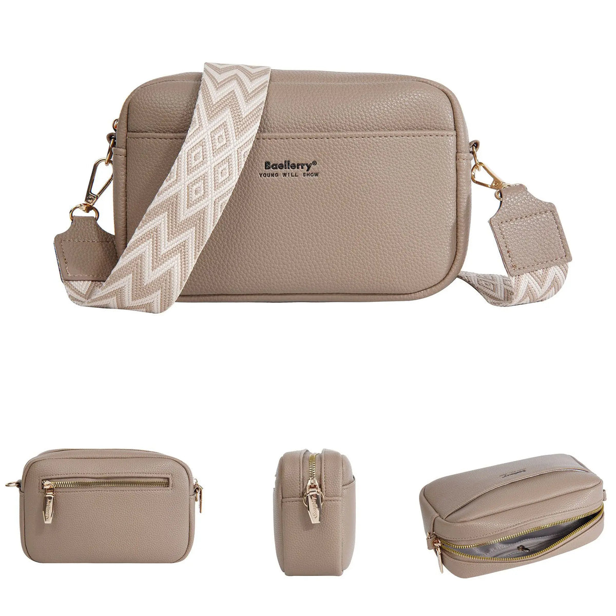 A beige leather zipper shoulder bag with a chevron patterned strap and gold hardware.