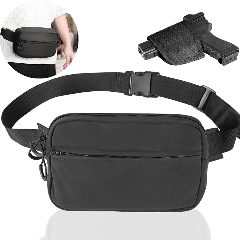Black tactical concealed carry fanny pack shown in various views and usage context.