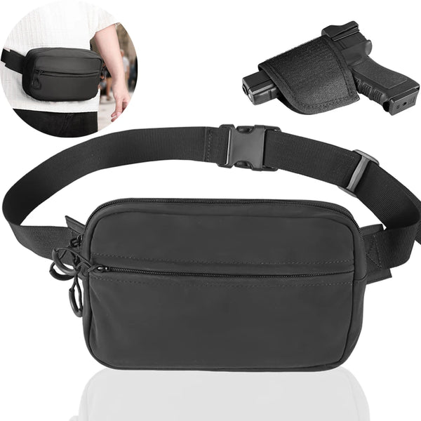 Black tactical concealed carry fanny pack shown in various views and usage context.