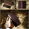 A genuine leather long bi-fold wallet in dark brown is shown open and closed on a textured parchment background.