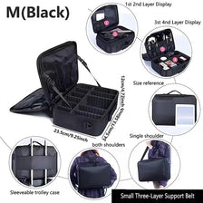 Black M makeup bag with multiple layers and a three-layer support belt shown in various views.