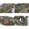 Close-up view of a camouflage tactical waist pack with a nylon belt and zippered pocket.